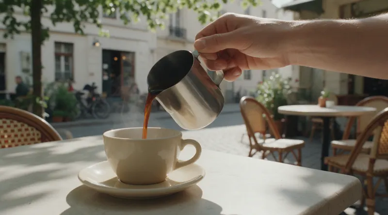 Kaffe hældes fra en lille metalkande ned i en kop på en cafédisk.